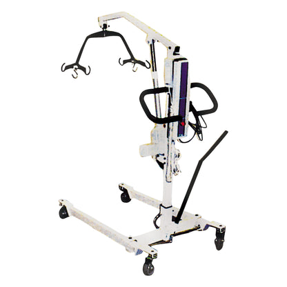 Drive Medical Bariatric Electric Patient Lift with a sturdy frame, wheels, and hooks for lifting. It aids in patient transfers.