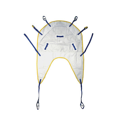 Bestcare BestSling Disposable Universal Patient Sling with yellow trim has multiple blue straps and loops for securing and lifting.