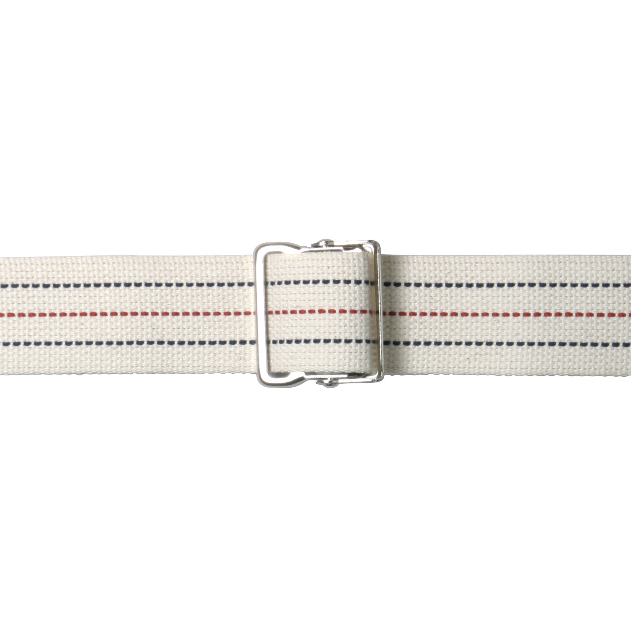 AliMed Gait Belt in white with red and blue stripes, featuring a metal buckle for secure fastening.