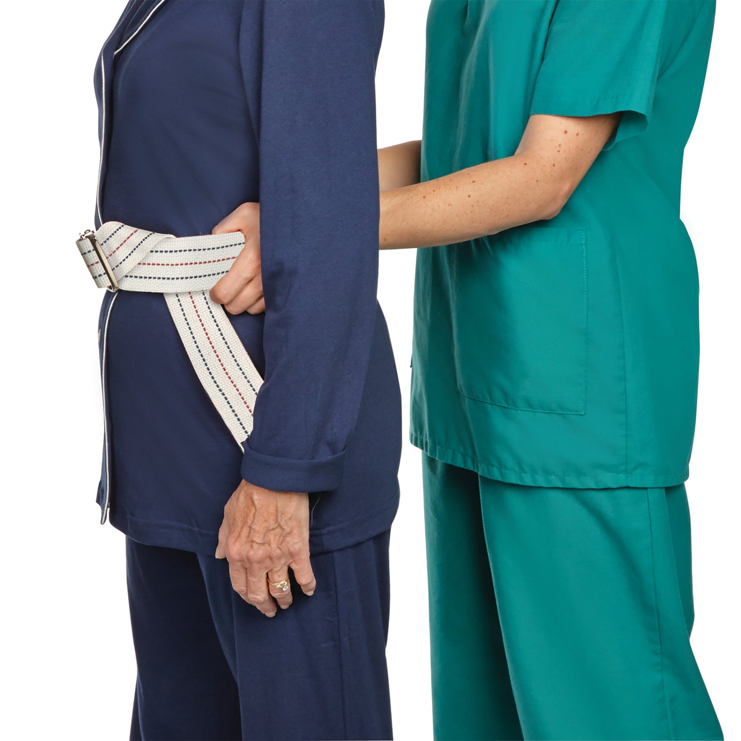 A person assists another using an AliMed Gait Belt around the waist. Both are wearing medical uniforms.
