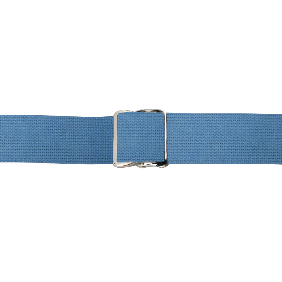 Blue AliMed Single-Patient-Use Gait Belt with a silver metal buckle, designed for patient mobility assistance and safety.
