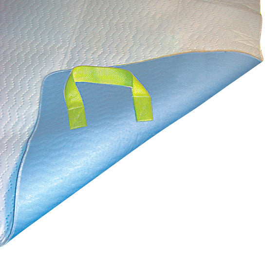 The SafetySure MovEase Underpad features a blue underlayer and a white quilted top with a yellow fabric handle for easy maneuvering.