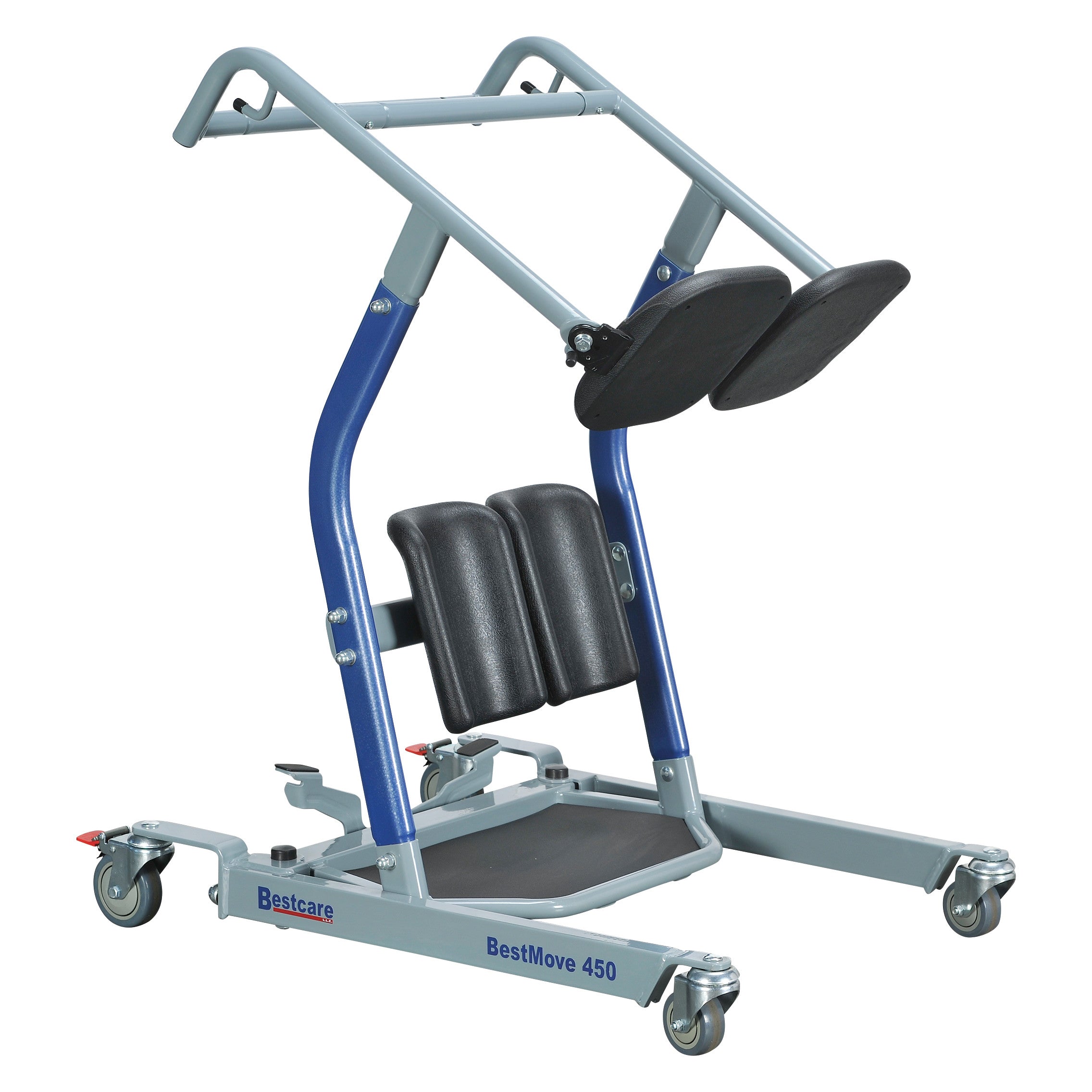A Bestcare BestMove Standing Transfer Aid, featuring a sturdy frame, wheels, knee pads, and a platform for safely assisting patient transfers.