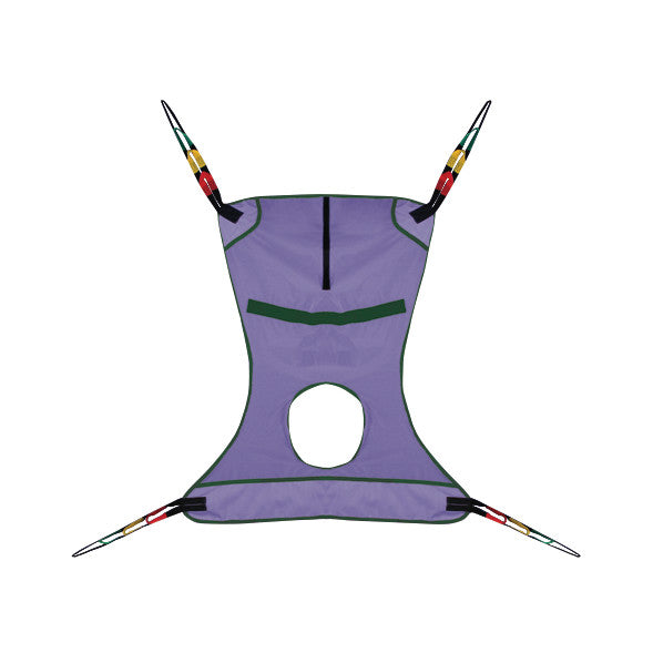 The Bestcare BestSling Disposable Full Body Patient Sling with Commode Opening is purple with black trim and has four straps.