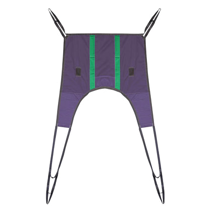 The Bestcare BestSling GLC Replacement Patient Sling is a purple and green padded sling with four straps and a cut-out leg area.