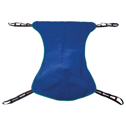 The Invacare Full Body Patient Sling is blue with green trim, featuring four adjustable black strap loops on each end.