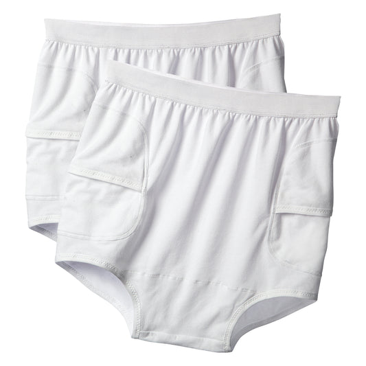 Two white AliMed HipShield X-tra Hip Protectors with elastic waistbands and padded side panels are shown overlapping.