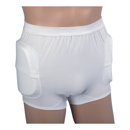 A person wearing an AliMed HipShield X-tra Hip Protector with padded sides for protection over white shorts.