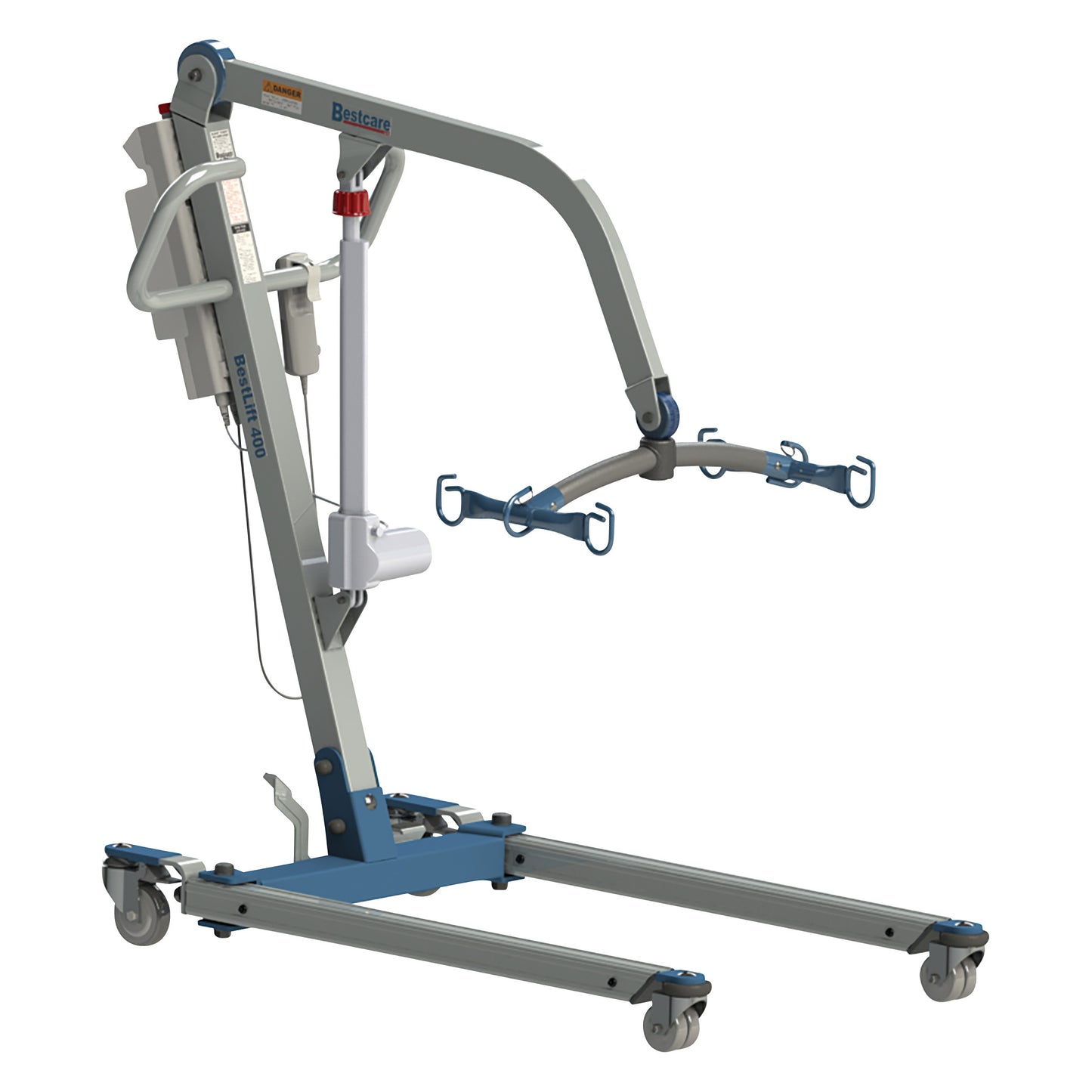 The Bestcare BestLift Full Body Electric Patient Lift is a wheeled device with an arm and hooks used for moving patients safely.