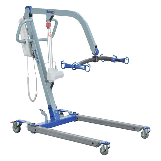 The Bestcare BestLift Full Body Electric Patient Lift is a blue and gray mobile lifting device with a hydraulic arm and wheels.