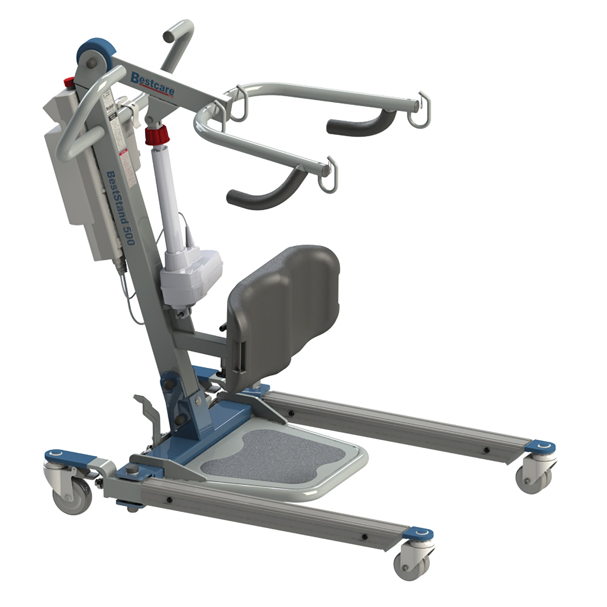 The Bestcare BestStand Sit-to-Stand Electric Patient Lift is a mobility aid with padded supports and wheels for easy movement.