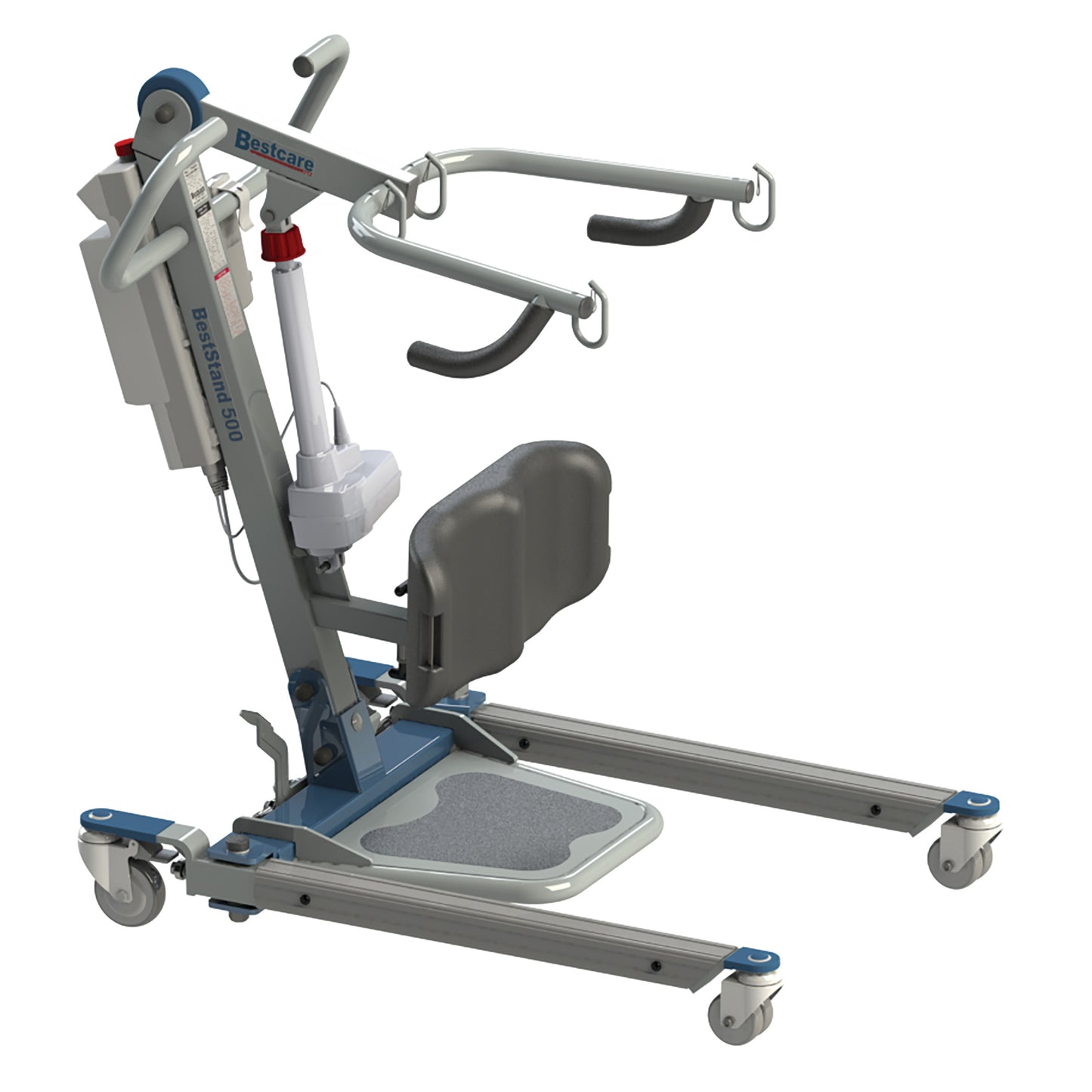 The Bestcare BestStand Sit-to-Stand Electric Patient Lift is a mobility aid with padded supports and wheels for easy movement.
