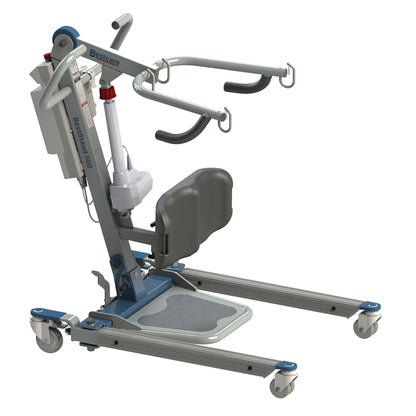 The Bestcare BestStand Sit-to-Stand Electric Patient Lift is a mobility aid with padded supports and wheels for easy movement.