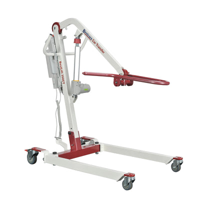 The Bestcare BestLift PL350CT Full Body Electric Patient Lift features a white and red frame with adjustable arm and wheels.