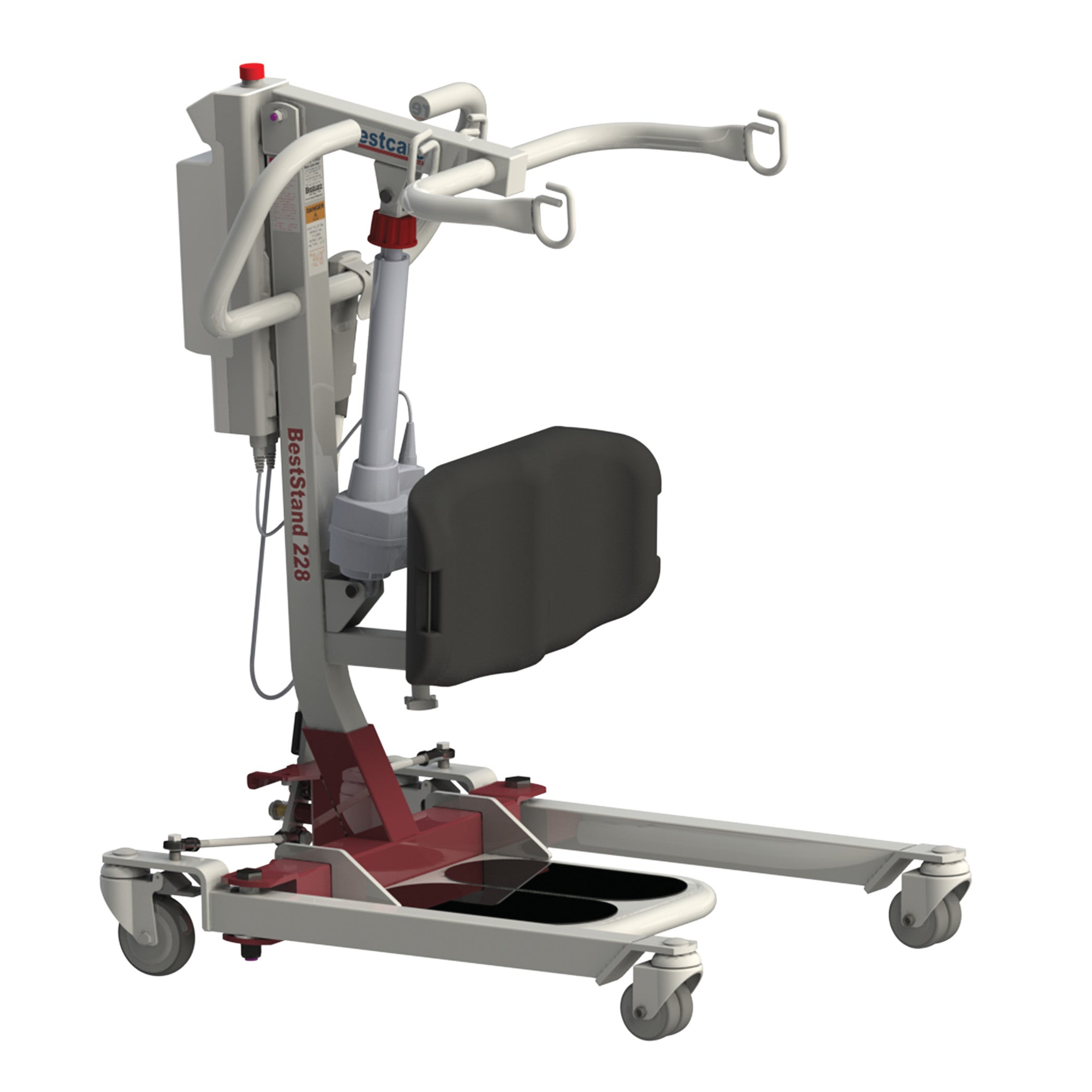 Bestcare BestStand SA228 Sit-to-Stand Electric Patient Lift with arm supports, foot platform, and caster wheels for mobility.