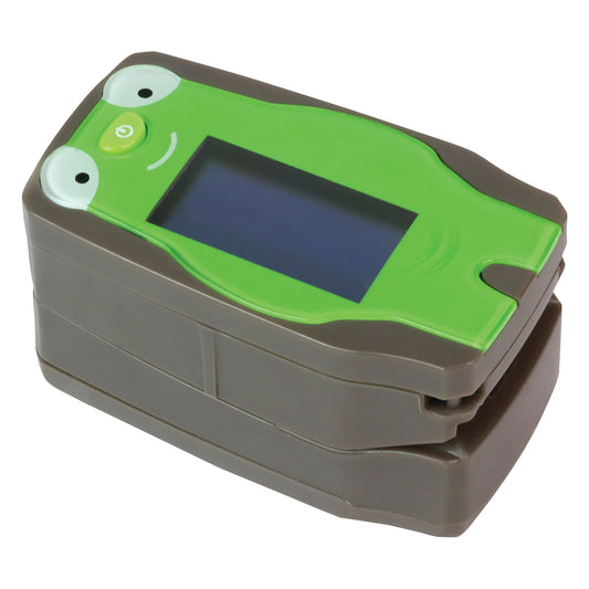 The Baseline Fingertip Pulse Oximeter features a green and brown design with a display screen and a smiley face.