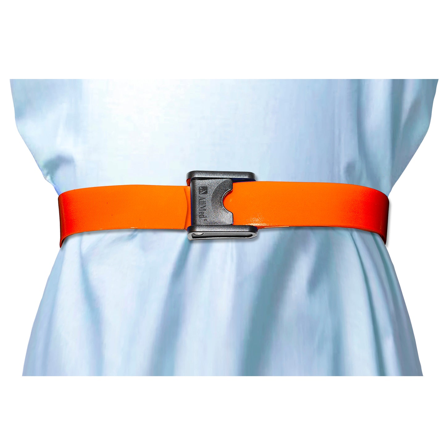 A person wears an AliMed Antimicrobial Wipeable Gait Belt with CAM-Style Buckle, featuring a bright orange belt over a light blue garment.