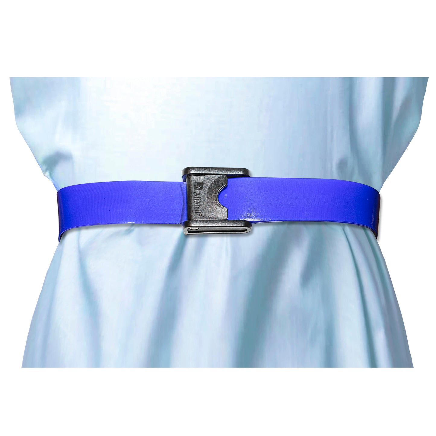 A blue AliMed Antimicrobial Wipeable Gait Belt with CAM-Style Buckle is fastened around a person's waist over a light blue garment.