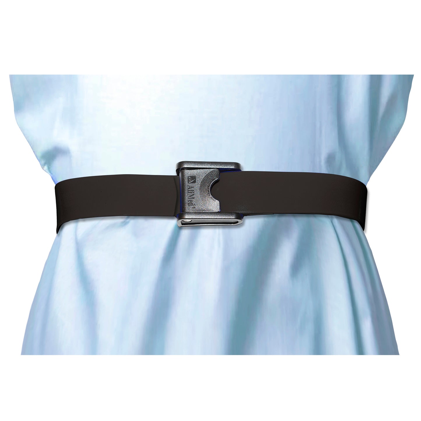 A person wears the AliMed Antimicrobial Wipeable Gait Belt with CAM-Style Buckle, featuring a black strap and silver buckle.