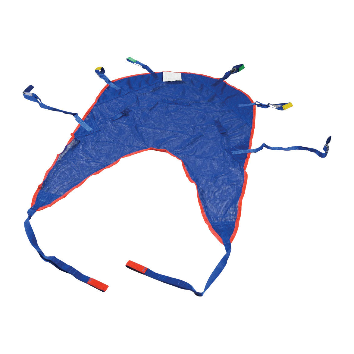 The Bestcare BestSling Universal Patient Sling with Head Support is blue with red trim and multiple colored straps for attachment.
