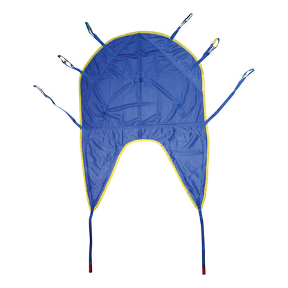 The Bestcare BestSling Universal Patient Sling with Head Support is blue with yellow trim and multiple straps for secure lifting.