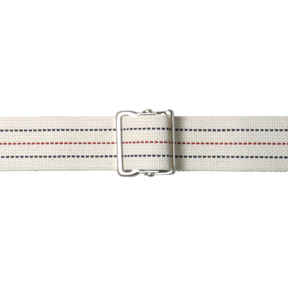 AliMed Gait Belt featuring beige color with red and blue dotted lines and a metal buckle for patient mobility assistance.