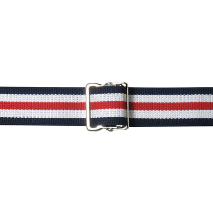 AliMed Gait Belt with a navy, white, and red stripe pattern secured by a metal buckle.