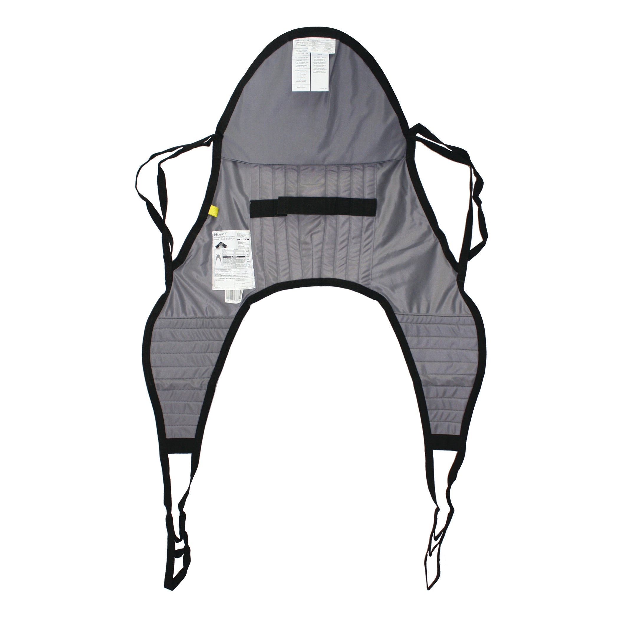 The Hoyer Classic Padded U-Sling is gray with black trim, featuring shoulder straps and labels, designed for patient lifting support.