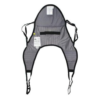 The Hoyer Classic Padded U-Sling is gray with black trim, featuring shoulder straps and labels, designed for patient lifting support.
