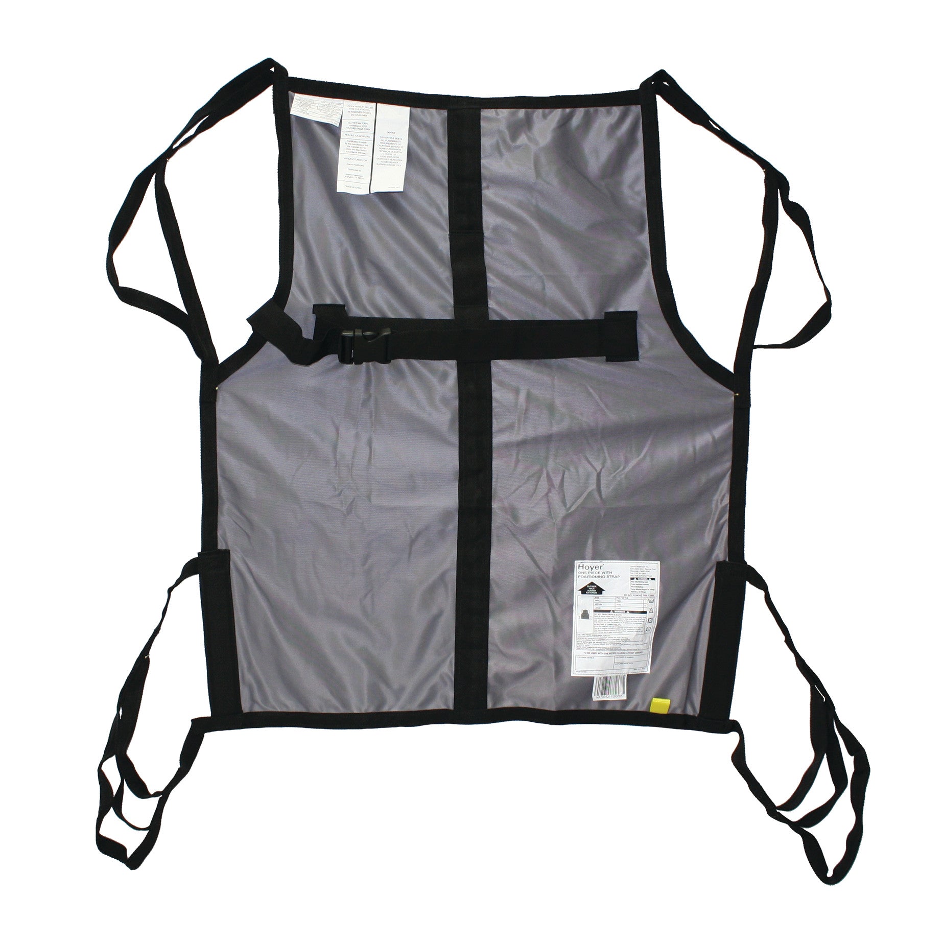 Hoyer Classic One-Piece Sling in gray with black straps and buckles, designed for patient lifting and transfer, placed flat.