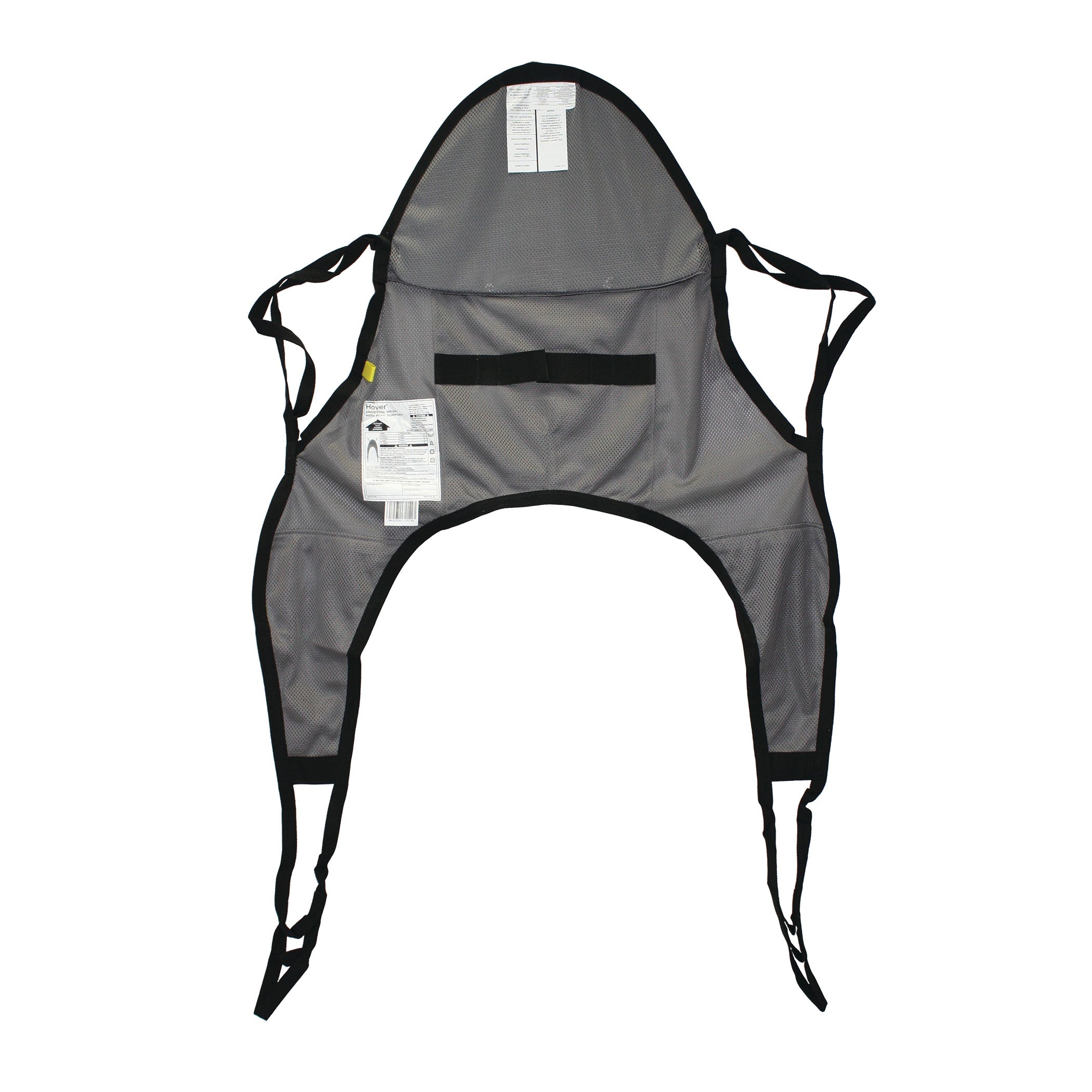 The Hoyer Classic Mesh U-Sling is a gray lifting sling with black trim, featuring several straps and labels attached.