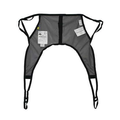 Hoyer Classic Mesh U-Sling designed for patient lifting, featuring black straps and label tags on gray mesh fabric.
