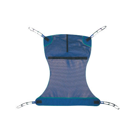 The Bestcare BestSling Full Body Patient Sling is shown, featuring a blue mesh design with four attached straps for secure lifting.