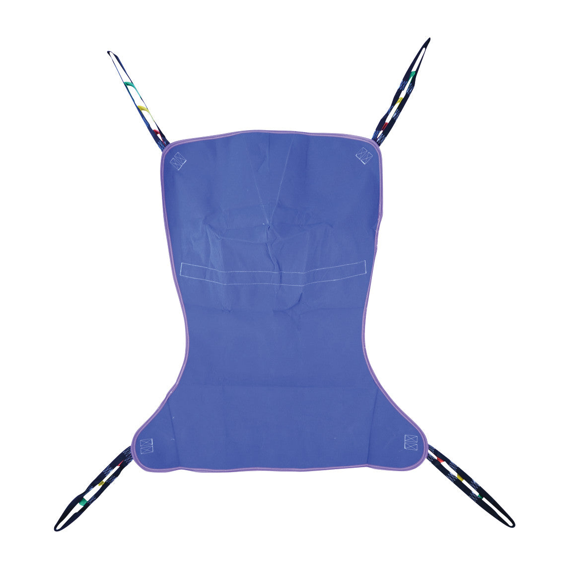 Bestcare BestSling Full Body Patient Sling, blue with reinforced stitching, features colorful straps on each corner for secure lifting.