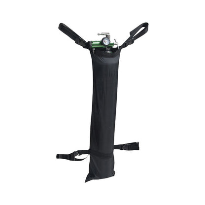 A black Drive Medical Oxygen Cylinder Bag for Wheelchair with a green tank, pressure gauge, and straps for wheelchair attachment.