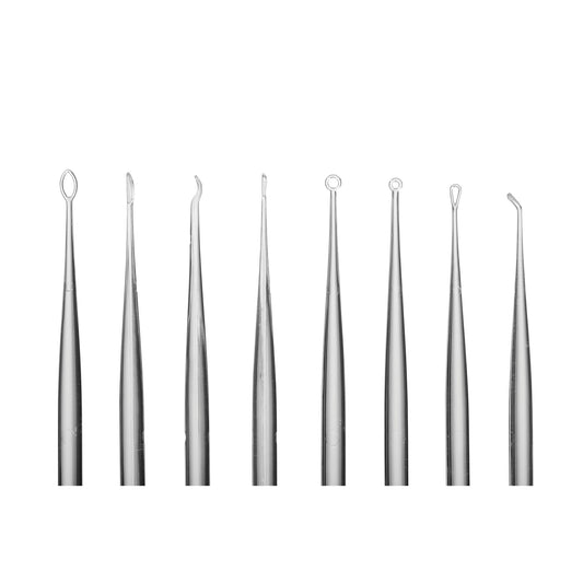 The Bionix Lighted Ear Curette Variety Pack features eight stainless steel ear curettes with various loop and scoop designs.
