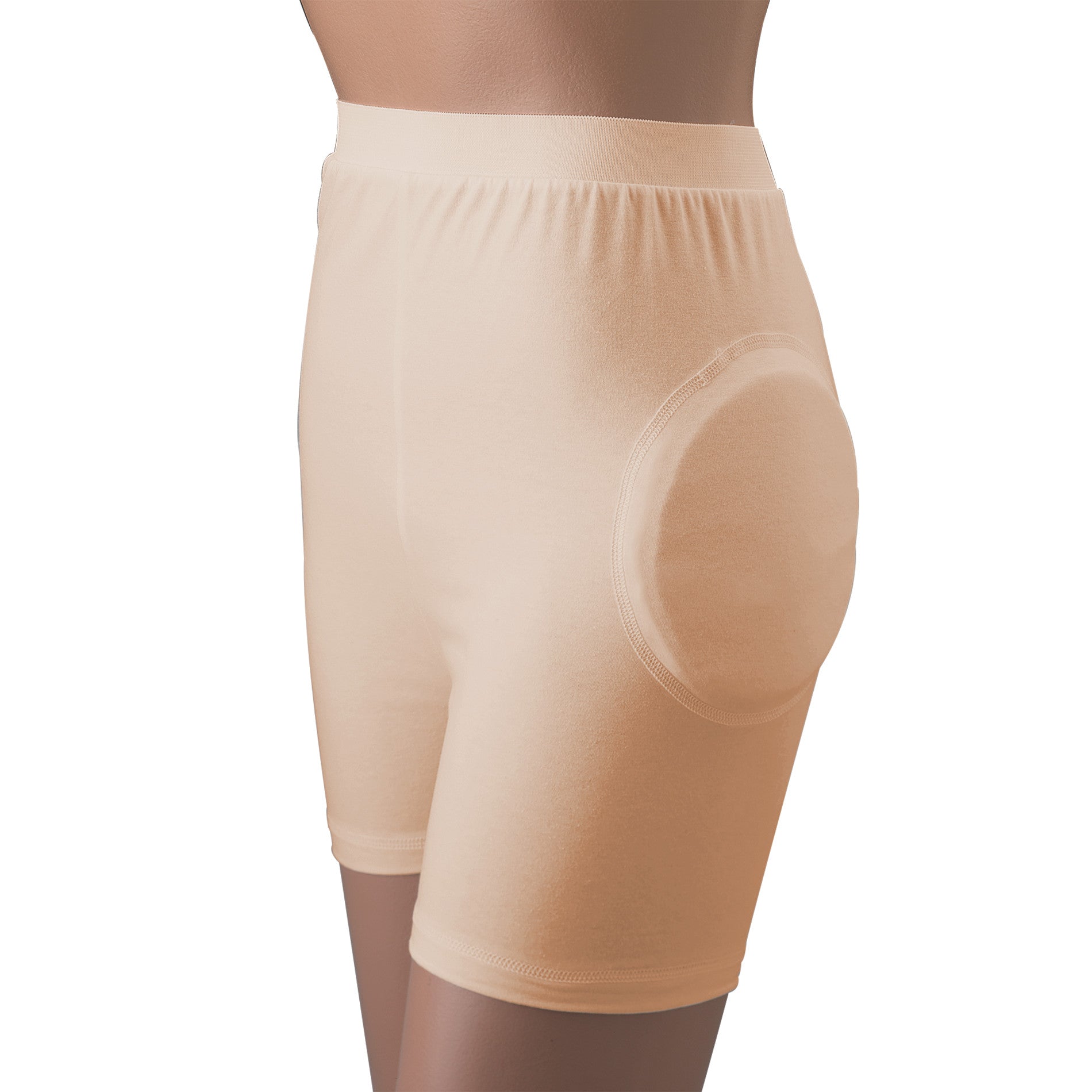 A mannequin wears Posey Hipsters Standard Briefs, showing a padded hip area for protection, in a beige color.