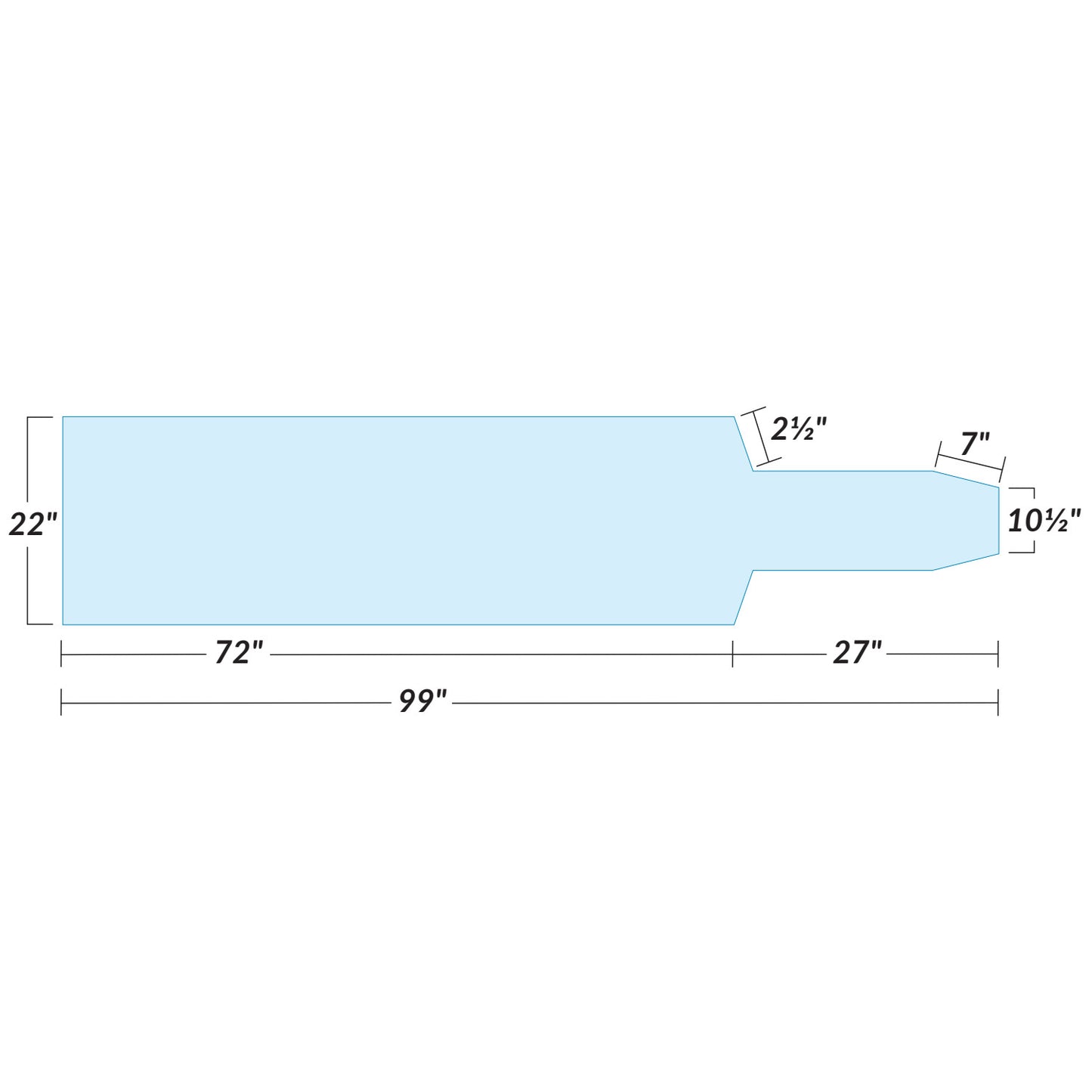 A diagram of the AliMed Support Surface for Picker Angiography Table with dimensions: 99" total length, 22" width at the widest part.