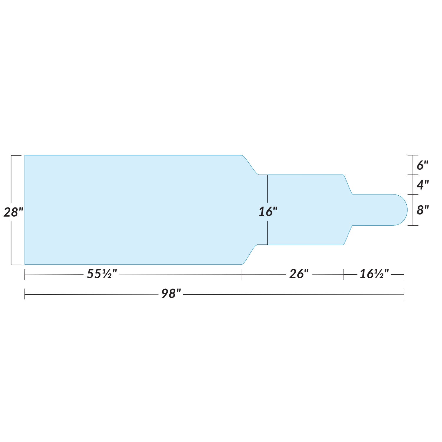 Diagram of the AliMed Support Surface for Phillips Angiography Table with dimensions: 28\" x 98\", showing detailed measurements.