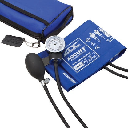 ADC Prosphyg 768 Pocket Aneroid Sphygmomanometer with a blue cuff, inflation bulb, gauge, and carrying case.