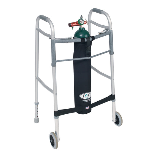 A walker with wheels features the TO2TE Oxygen Bag, securely holding an oxygen tank, designed for convenience and mobility.