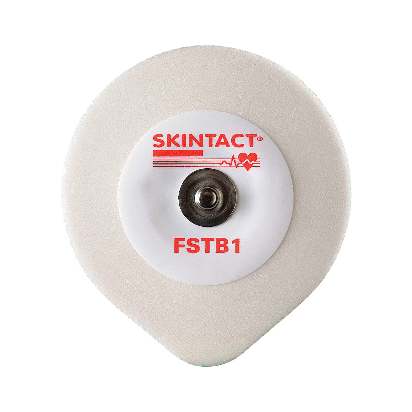 Skintact Electrode with a round white adhesive pad and metal snap connector, featuring the label \"FSTB1\" in red text.
