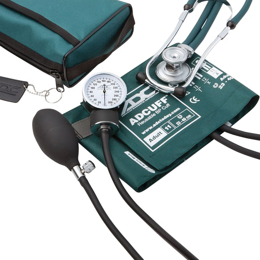 ADC Pro's Combo II SR Pocket Aneroid/Sprague Kit includes a stethoscope, blood pressure cuff, gauge, and a zippered carrying case.