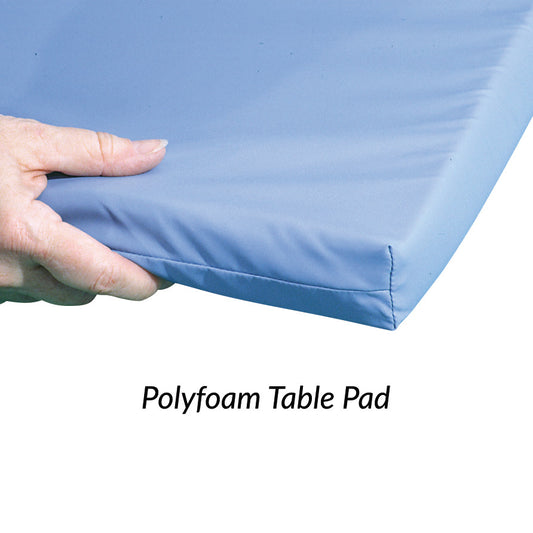 A hand holding a blue AliMed Radiology Table Pad, labeled 'Polyfoam Table Pad,' showcasing its cushioned thickness.