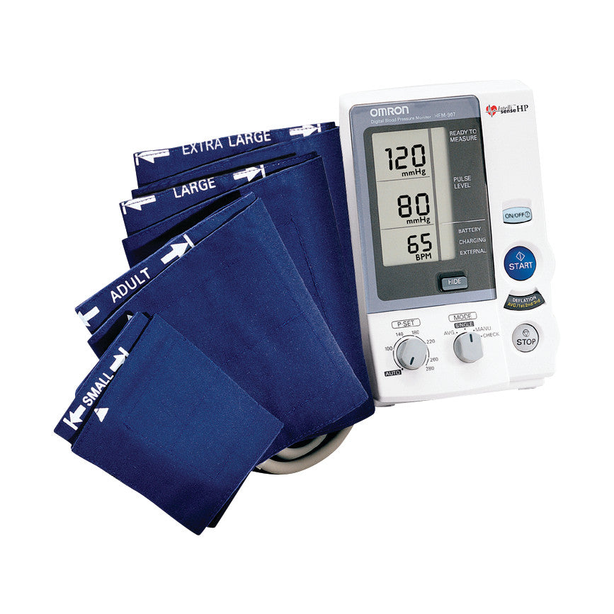 Omron Professional Intellisense Blood Pressure Monitor HEM-907XL with cuffs in various sizes, displaying blood pressure readings.