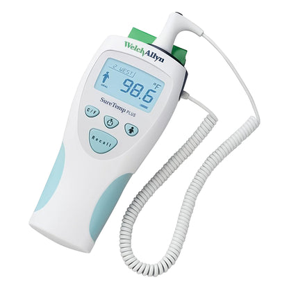 Welch Allyn SureTemp Plus 690 Electronic Thermometer with a digital display showing a temperature of 98.6�F and a coiled probe cord.
