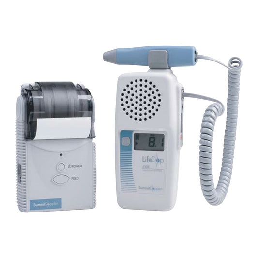 ABI Kit for LifeDop Vascular Testing System with handheld Doppler device, coiled cord, a printer with buttons and paper feed.