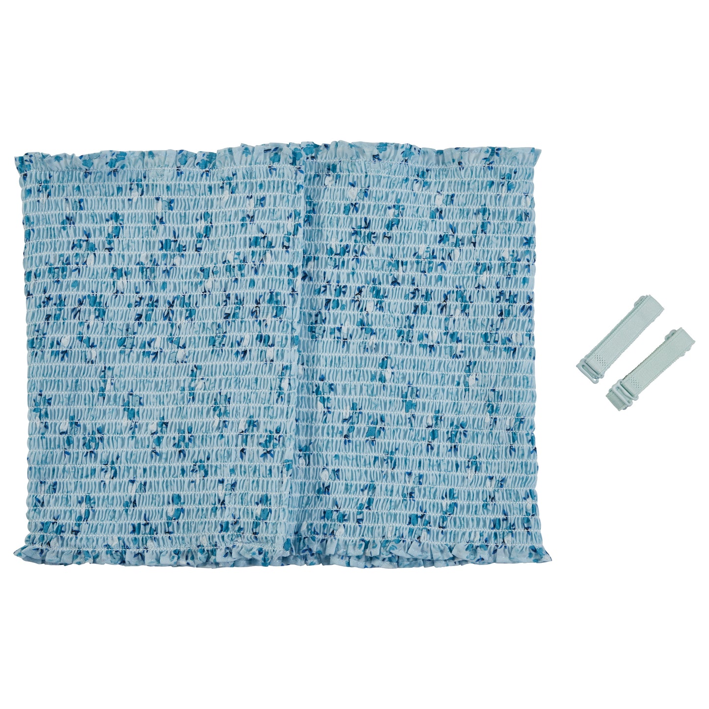 Blue patterned fabric and two straps; "Expand-A-Band Lined Breast Binder, 12/Pack." Used for postoperative support.