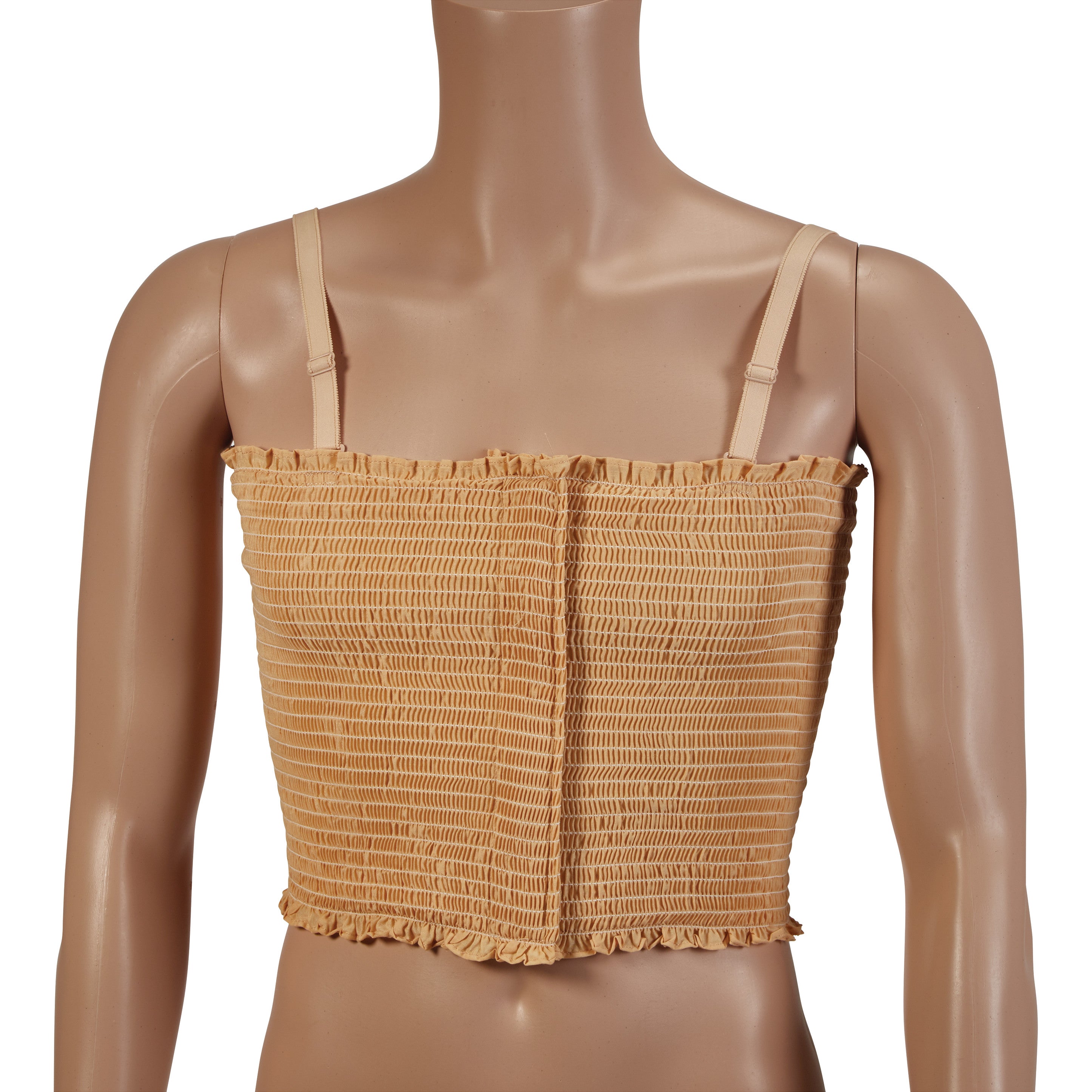 A mannequin wears the Expand-A-Band Lined Breast Binder. It's a beige, shirred crop top with adjustable straps, 12 per pack.