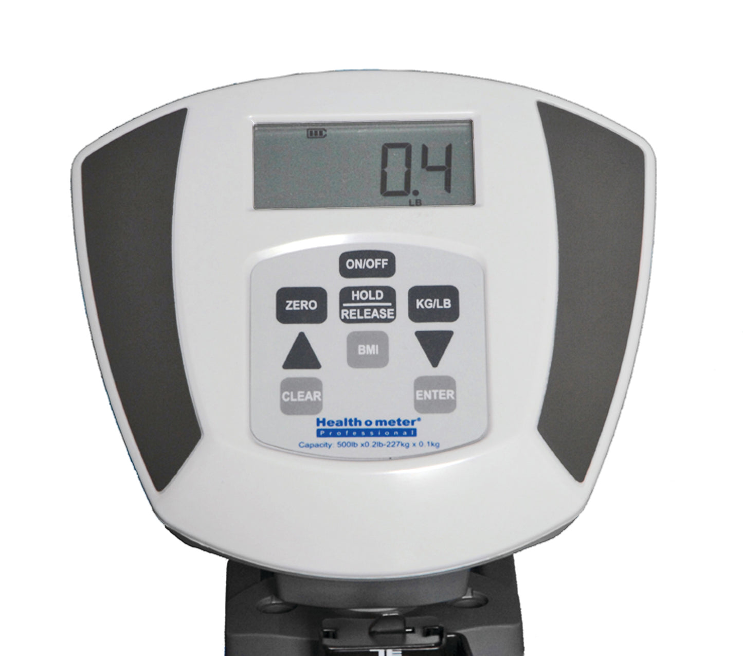 Close-up of Health o meter Heavy-Duty Column Scale display, showing 0.4 lb. Control panel includes buttons like BMI and ENTER.
